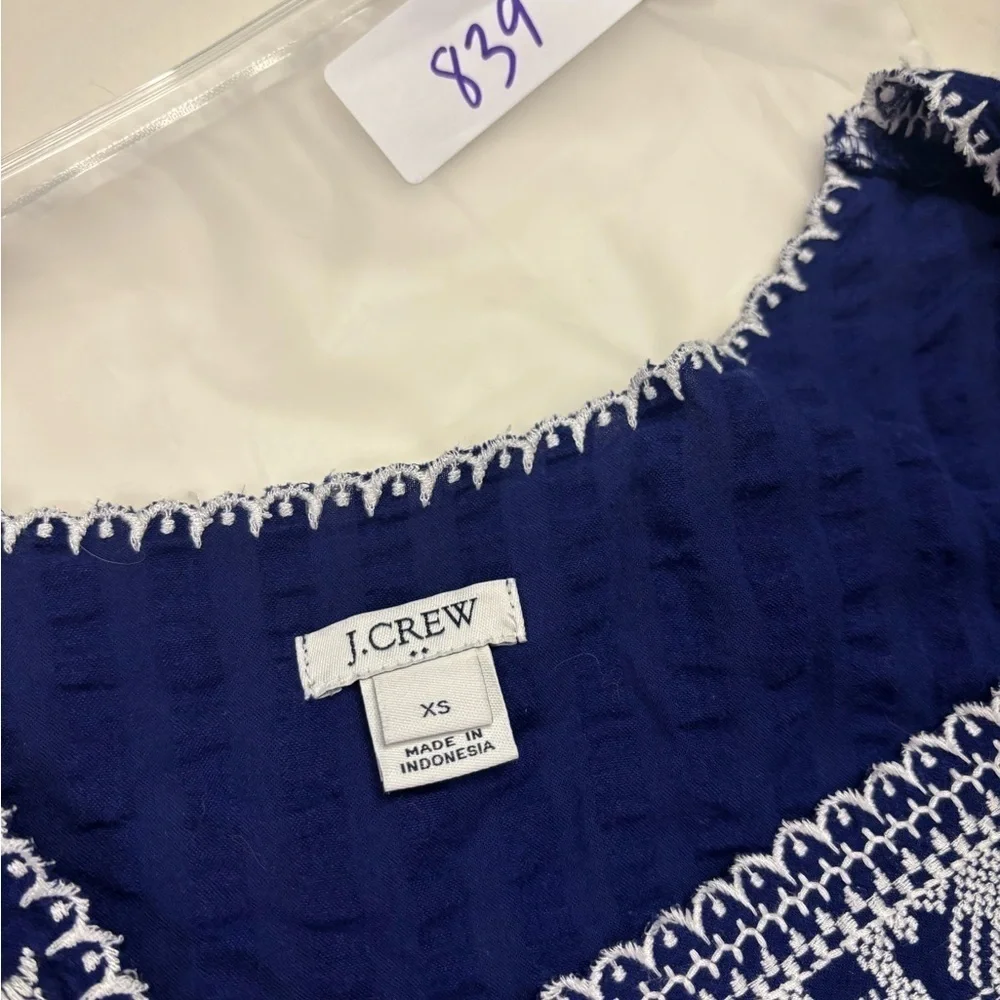 J. Crew Top Size XS Cottage Boho Square Neck Embroidered Blue Floral Peasant